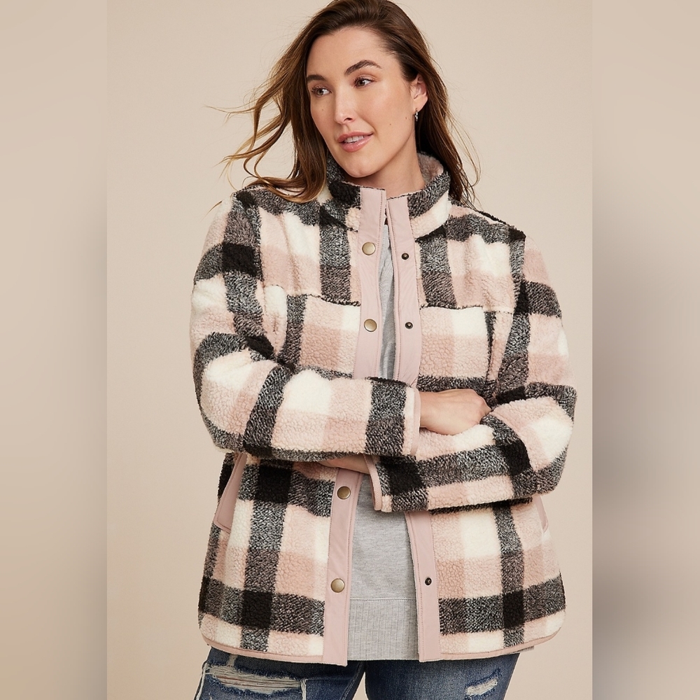 Women's Maurices Plus Pink Plaid Sherpa Shacket 3X